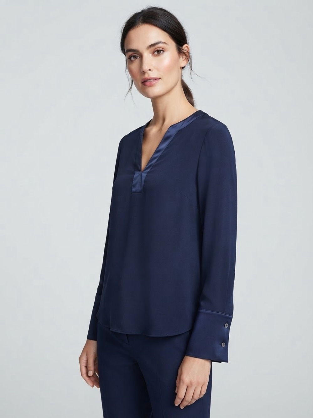 J. Crew Navy Satin-Trim V-Neck Blouse